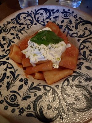 Pacchero Pomodoro Burrata (vegetarian main)  at Osteria 57 in New York City
