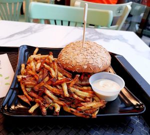 Shiitake burger and air fried fries at Copper Branch - Cours Charlemagne in Lyon