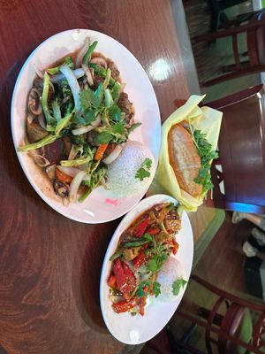 Veg beef stir fry, veg spicy tofu, veg chicken banh mi (specified no mayo for vegan)  at Saigon Village in San Rafael