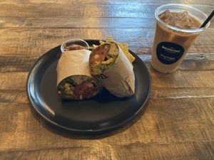 Spinach wrap burrito with miso dressing + iced oat latte  at Very Veggy-SALAD WORKS- in Fujisawa