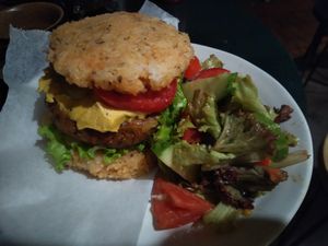 Rice burger with vegan cheese at Galeria in Hanoi