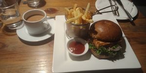 Vegan Tofu coconut burger and soy masala chai. Very tasty. at Utpala Café in Kathmandu