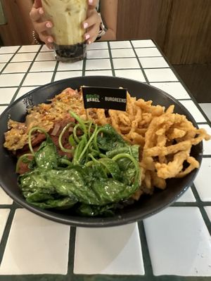 Tasty rice dish with crispy enoki mushrooms  at Burgreens - Oakwood in Jakarta