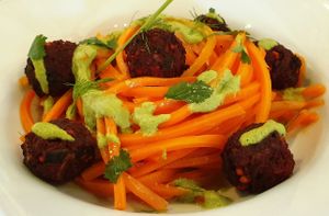 Delicious carrot spaghetti with vegan meatballs and special sauce. at Biorgânico in Quarteira