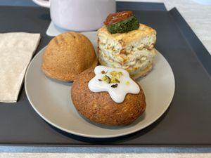 Potato basil scone, chestnut gateau, lemon poppy seeds at Food Does Matter 푸드더즈매터 in Seoul