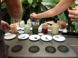 Vegan spreads of Tartine: hummus, pesto, sourdough fermented ricotta (red bell pepper), sourdough fermented ricotta (basil), sourdough fermented ricotta (plain), chili (mild) jam  at Tartine Saigon - Binh Thanh in Ho Chi Minh City