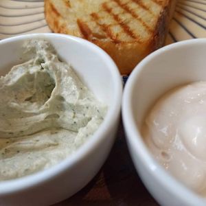 Sourdough fermented vegan ricotta (red bell pepper flavor and plain on picture) for sale take away and delivery.  at Tartine Saigon - Binh Thanh in Ho Chi Minh City