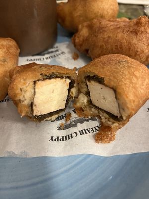 Inside view of tofu “fish”  at Mayfair Chippy in West London
