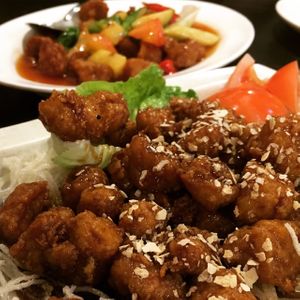 marmite chicken (front pic) and sweet and sour pork (back) at Kam Yan Vegetarian Restaurant in Seri Kembangan