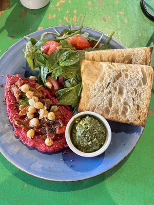Toast with beetroot hummus and pesto   at Fat Dog in Rotorua
