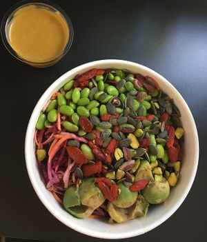 Buddha Bowl with edamame and Mango-based sauce at Enso Vegan Lifestyle Bar in Limassol