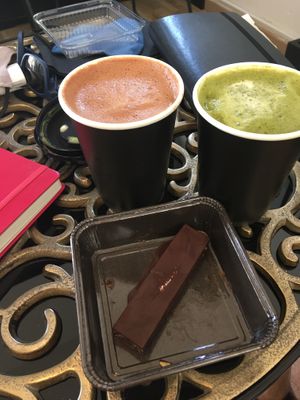 Hot Chocolate and Matcha tea (Matcha tea was bitter, didn't like it) at Enso Vegan Lifestyle Bar in Limassol