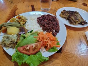 Casado including the vegan patty on the right. at Restobar Balú in Quepos