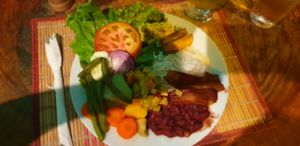 Vegan casado with beans, veggies, fried plantain, rice and yuca. at Restobar Balú in Quepos