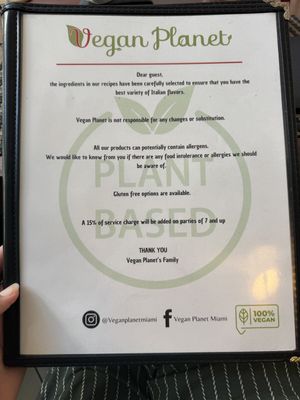 Full vegan menu option  at Amor Di Pasta in Miami