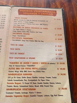 Regular menu at Karamba Restobar  in Paracas