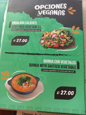 Vegan menu at Karamba Restobar  in Paracas