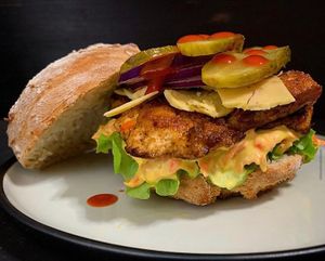 Juicy and crispy fried oyster mushroom sandwich at Unveil Nutrition in Lodi