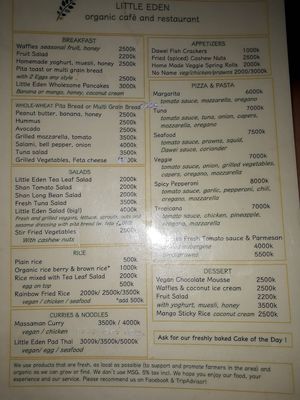 Menu at Little Eden in Dawei in Dawei