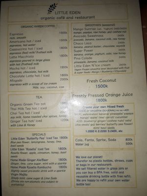 Menu at Little Eden in Dawei in Dawei