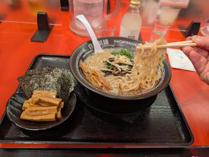 The miso (not spicy) ramen, with a side of bamboo shoots and nori at Jikasei Mensho in Tokyo