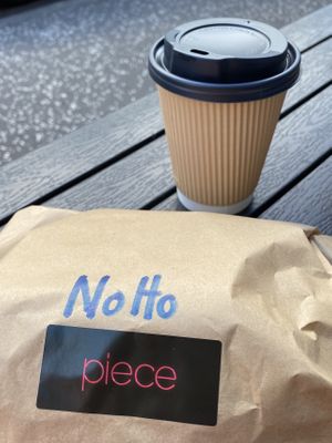 coffee cup and sandwich bag at Piece  in Glasgow