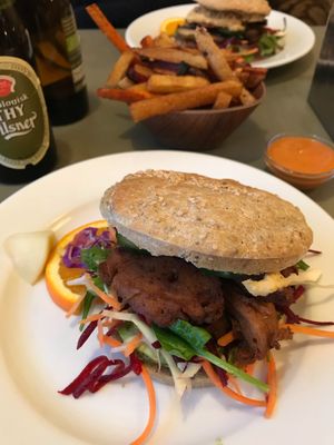 Sandwich with avocado and seitan + fries with chili mayo at Cafe N in Copenhagen