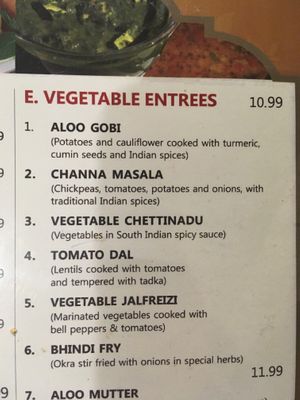 These are the vegan options on the vegetable entrées list. at Sizzler Cuisine of India in Jackson