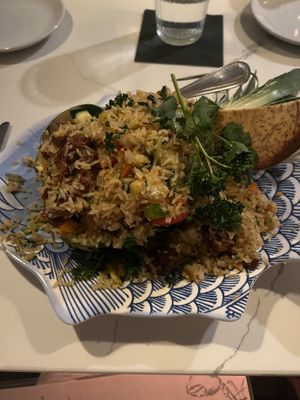 Basil fried rice with vegan protein (mock beef flavor)  at Poor Calvin's in Atlanta