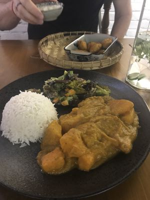 Coconut pumpkin curry (with rice and salad) and falafels at The Window in Mandalay