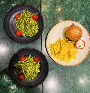 Pasta with pesto and the Mexican burger. at The Green Affair - Chiado in Lisbon