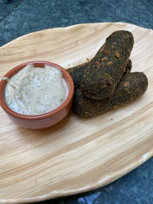 Spinach Croquettes with yoghurt and mint sauce at The Green Affair - Chiado in Lisbon