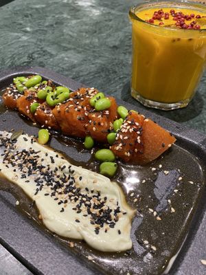 Watermelon Tataki with Teriyaki Sauce, Edamame and Wasabi Mayonnaise at The Green Affair - Chiado in Lisbon