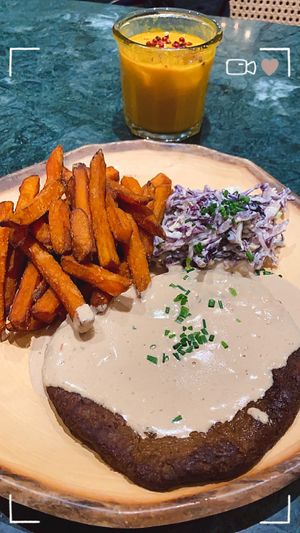 Seitan Steak with Sweet Potato Fries at The Green Affair - Chiado in Lisbon