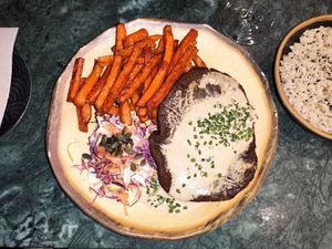 Seitan Steak with sweet potato fries and salad #Veganuary at The Green Affair - Chiado in Lisbon