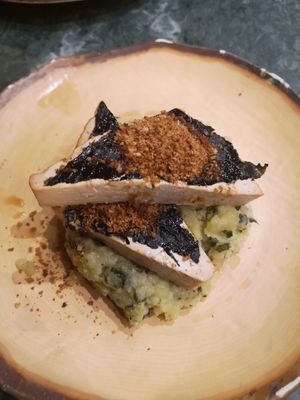 Marinated tofu and mashed potatoes, vegan version of a traditional Portuguese seafood dish at The Green Affair - Chiado in Lisbon