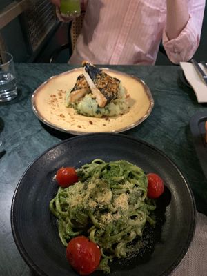 Vegan tofu and spinach potatoes and vegan pasta pesto  at The Green Affair - Chiado in Lisbon