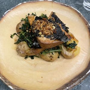 Fish-like Tofu on potatoes and sautéed greens  at The Green Affair - Chiado in Lisbon