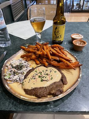 Seitan steak with coleslaw and fried sweet potatoes   at The Green Affair - Chiado in Lisbon