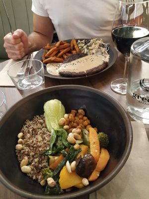 Main dish: Buddha bowl and seitan steak. at The Green Affair - Chiado in Lisbon