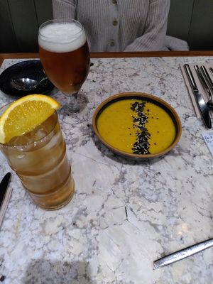 Iced tea (bitter, not sweet!), beer, and soup at The Green Affair - Chiado in Lisbon