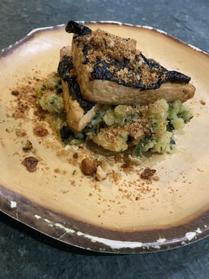 sea-inspired organic tofu dish - on pashed veggies.   at The Green Affair - Chiado in Lisbon