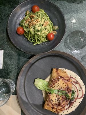 Pesto Linguine & Pumpkin in flaky pastry  at The Green Affair - Chiado in Lisbon