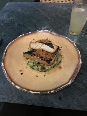 Tofu fish on mashed potatoes  at The Green Affair - Chiado in Lisbon