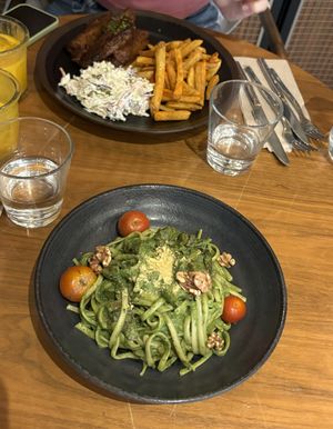 Pesto pasta & seitan bbq and chips  at The Green Affair - Chiado in Lisbon