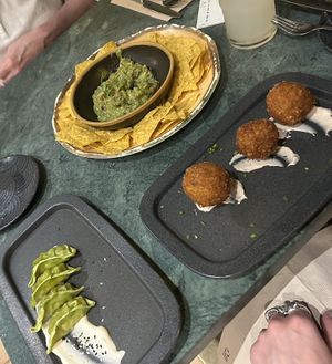 Vegan dumplings, vegan nachos and vegan arancini   at The Green Affair - Chiado in Lisbon