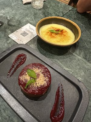 Chocolate dessert and crème brulde  at The Green Affair - Chiado in Lisbon