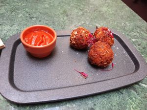 Mushroom croquete balls. 🇵🇹Bolinhas de alheira e cogumelos at The Green Affair - Chiado in Lisbon