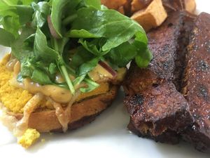 Vegan Eggs Benedict and bacon - weekend brunch  at Darbster in West Palm Beach