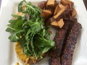 Vegan Eggs Benedict and bacon - weekend brunch  at Darbster in West Palm Beach